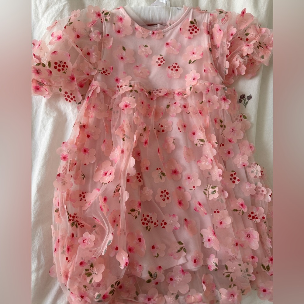 next Pink 3D flower dress puff sleeves